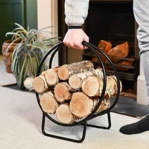 45cm High Black Contemporary Circular Log Rack & Holder With Handle