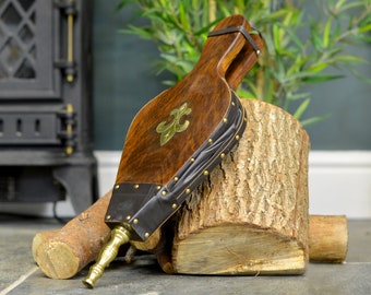 Traditional Wooden & PU Leather Bellows/Hand Waxed Hardwood Fireside Bellows, Brass Fleur de Lys Motif/Fireside Tools Accessories for Fire