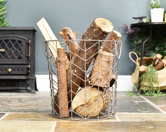 Pewter Finish Wire Work Log Basket/Contempoary Log, Firewood Storage Basket, Stylish Fireside, Fireplace, 3 Sizes Available