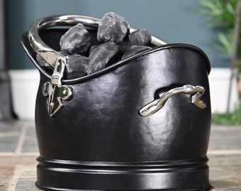 Black Iron and Nickel Coal Bucket - Available in 3 Sizes/Coal Bucket, Christmas, Cozy Winter, Fireside, Fireplace, Period Style Home