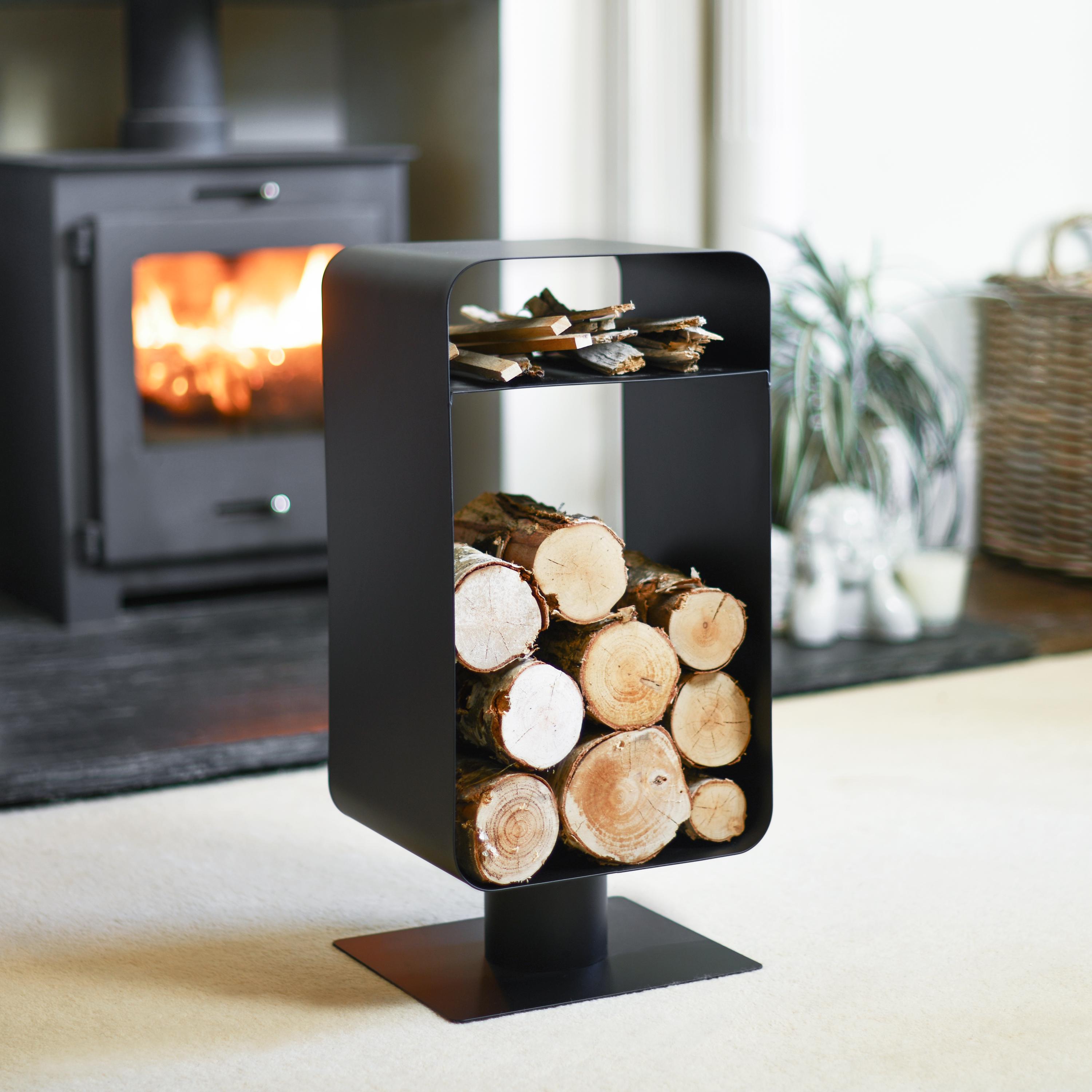 Black Scandi Style Contemporary Log and Kindling Store, Curved Log