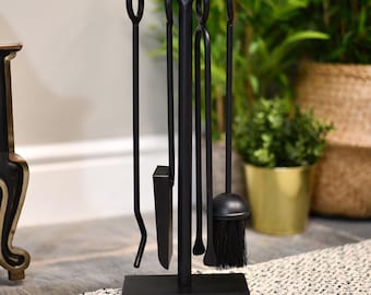 42cm Black Cast Iron Fireside Tools Companion Set/ Metal Fireside Tools, Ash Pan and Brush, Tongs and Fire Iron, Poker, Metalworks