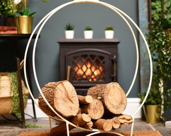 Cream Contemporary Wrought Iron Log Rack/ Contempoary Log, Firewood Storage Basket, Stylish Fireside, Fireplace
