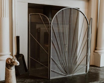 Silver Art Deco Style Fan Shaped Fire Screen/Art Deco Design Safety Guard, Fireside, Mesh Guards, Fold Guard, Metalworks, Minimalist Design