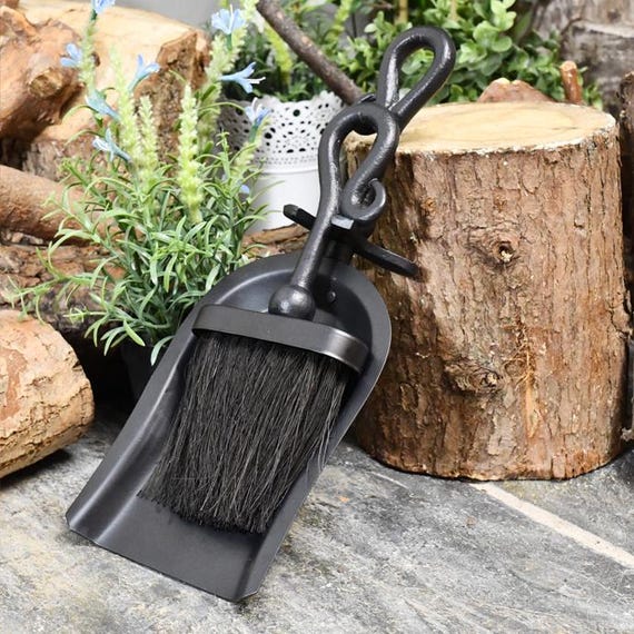 Black Iron Fireside Brush and Pan Set/ Christmas Gift, Cosy Winter, Fireside, Fireplace, Traditional Blacksmith Style/ Coconut Fibre Brush