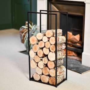 80 cm Tall Black Contemporary Steel Log Holder/Contemporary Log Storage, Firewood Storage Stylish Fireside, Fireplace, Scandi Style