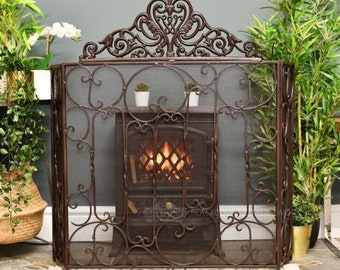 Three Fold Iron Ornate Brown Decorative Wrought Iron Detailed Guard/ Simplistic Safety Fire Guards, Fireside, Mesh Guards, Rustic Look