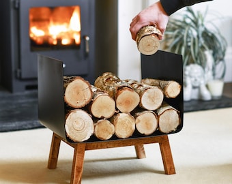 Contemporary Steel & Wood Log Holder/ Scandi Style Home, Stylish Fireside Accessories, Decor, Fireplace, Firewood Storage, Open Log Store