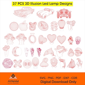 Può includere: Una collezione di 37 modelli di lampade a LED a illusione 3D rosse, tra cui auto, cuori, fiori e altre forme. L'immagine include il testo "37 PCS 3D Illusion Led Lamp Designs" e "Digital Download Only."