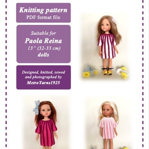 May include: Knitting pattern for a Paola Reina doll dress, called "Dress Viola". The pattern is for 13 inch (32-33 cm) dolls. The pattern is in PDF format. The image shows two dolls wearing the dress in pink and red stripes.