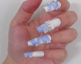 3D Baby Blue Ribbon Reusable Press On Nails | Pearls Matte Blue Ballet Ribbon False Nail | Wedding Nails |Bridal Press On Nails| Long Coffin