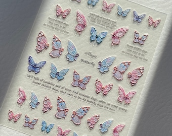 5D Embossed Butterfly Nail Sticker|Pink and blue Butterfly Nail Decals|Gradient Wings Acrylic Engraved Self-Adhesive|DIY Manicure Decoration