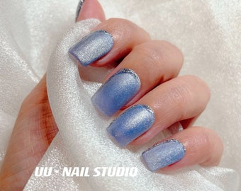 Presse bleu clair sur les ongles | | de faux ongles bleus mats | brillant mat  Ongles en gel | Long Moyen Court