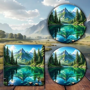 May include: Set of four round and square coasters featuring a scenic mountain lake reflection with green trees and a blue sky. The coasters are perfect for protecting surfaces from spills and scratches.