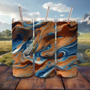Blue, Orange, and White Marbling, 20oz Tumbler Sublimation Design, Straight and Tapered Tumbler Wrap, Digital Download PNG