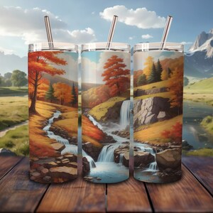 Autumn Waterfall Landscape, 20oz Tumbler Sublimation Design, Straight and Tapered Tumbler Wrap, Digital Download PNG