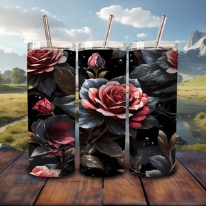 Black, and Red Flowers, 20oz Tumbler Sublimation Design, Straight and Tapered Tumbler Wrap, Digital Download PNG