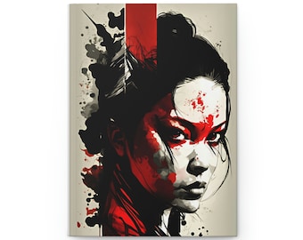 May include: A digital painting of a woman's face with red and black paint splatters. The woman has dark hair and dark eyes. The background is a light beige color.