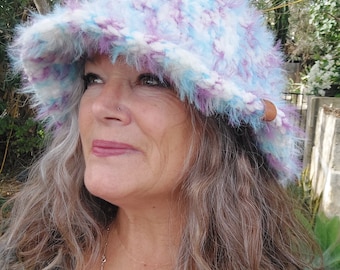 Crochet Winter Chenille Velvet Fluffy Bucket Hat. Festival Hat, Vintage Vibes, Colourful Hat, Warm Hat. XXL, DREADLOCKS