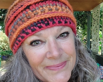 Crochet Winter Tribal /Moroccan Style Hat Ladies or Men colourful Orange and Black Hat. Wool, winter Hat. Crochet Beanie.Handmade individual