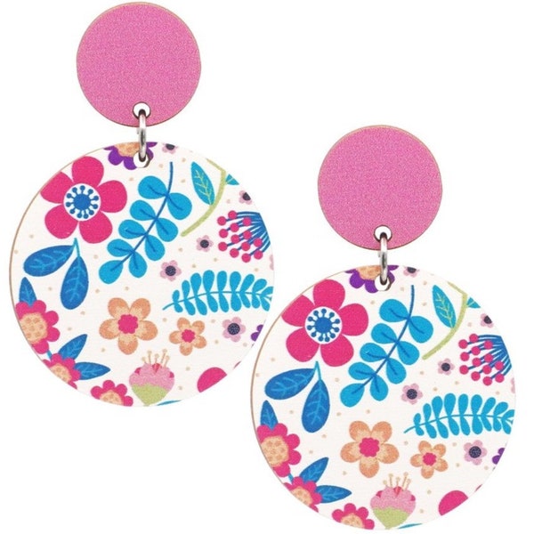 Pink Spring Flower Wooden Statement Earrings