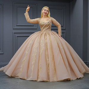 Gold Quinceañera Dress, Pleated Skirt Ball Gown