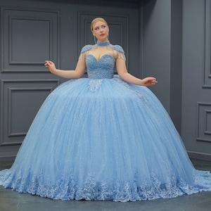 Blue Quinceañera Dress, Puffy Tulle Skirt Ball Gown