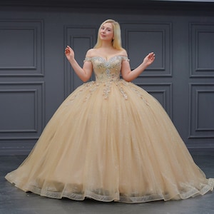 Gold Quinceañera Dress, Puffy Tulle Skirt Ball Gown