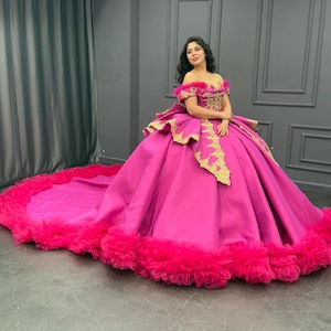 Pink Quinceañera Dress, Pleated Skirt Ball Gown
