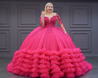Pink Tulle Puff Sleeve Quinceanera Dress,Ball Gown,Sweet 16 Dress  Y1968 main image 1