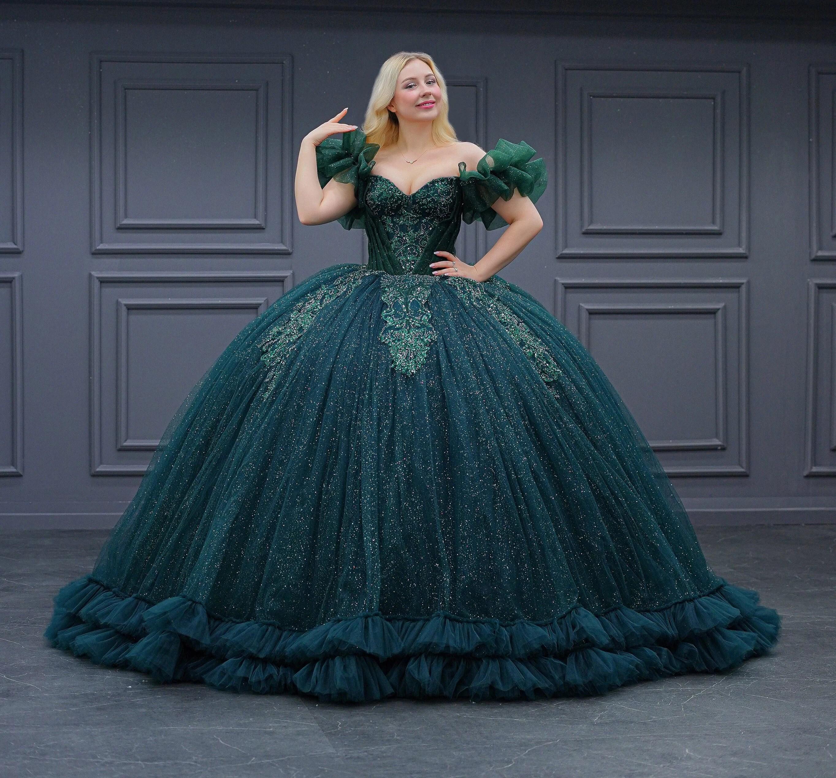 blue and green quinceanera dresses Sparkly Emerald Green Lace Floral Quinceanera Dresses Sequined Sweet 16 Dress Ball Gown Real Photos
