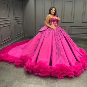 Pink Quinceañera Dress, Pleated Skirt Ball Gown
