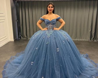 sachin and babi light blue dress Black Mexican Theme Floral Quinceanera Dresses with Ruffled Train main image 1