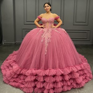 Pink Quinceañera Dress, Puffy Tulle Skirt Ball Gown