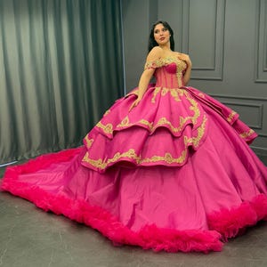 Pink Quinceañera Dress, Pleated Skirt Ball Gown
