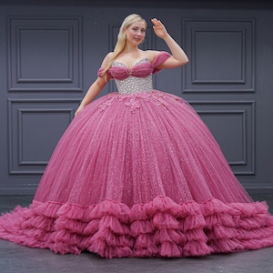 Pink Quinceañera Dress, Puffy Tulle Skirt Ball Gown