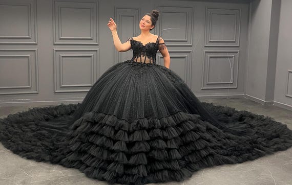 quinceera black quince dresses Black Sparkly Tulle Quinceanera Dresses Strapless Prom Ball Gown FD324   Viniodress