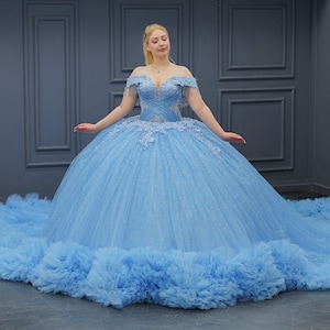 Blue Quinceañera Dress, Puffy Tulle Skirt Ball Gown