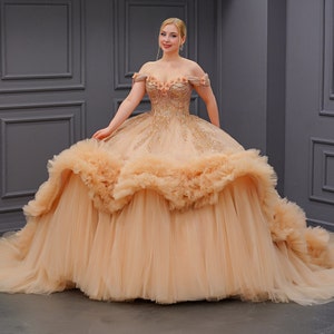 Gold Quinceañera Dress, Puffy Tulle Skirt Ball Gown