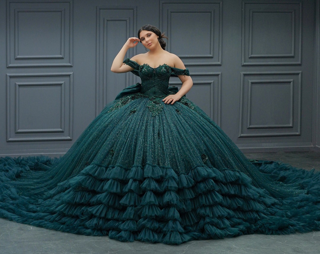 Vintage Green Beaded Tulle Pleated Ball Gown Green Formal Quinceanera Dress SP530