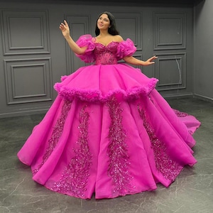 Pink Quinceañera Dress, Pleated Skirt Ball Gown