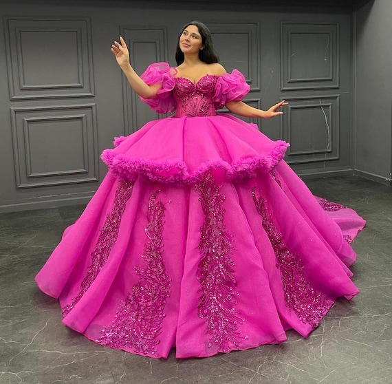 bright pink quinceanera dresses Misshow Off-Shoulder Ball Gown Sweetheart Neckline Hot Pink Tulle Quinceanera Dress for Princess Evening & Sweet 16 Parties