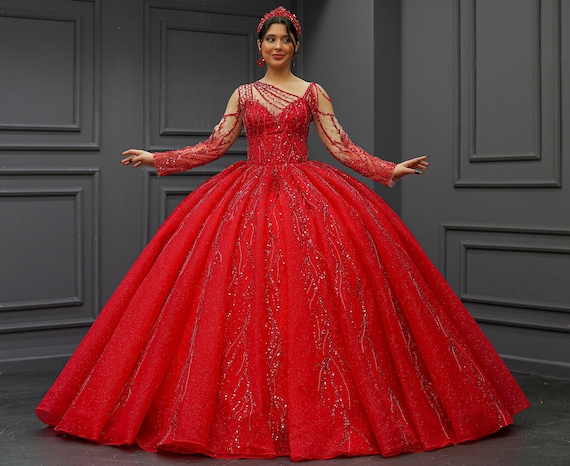 red sparkly quince dress Red Quinceaera Dress with Detachable Train and Glitter L / Red
