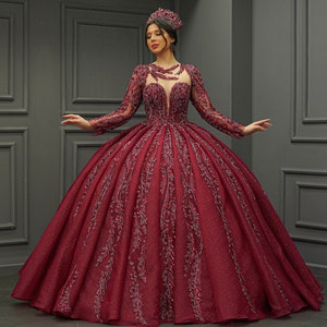 burgundy quinceanera dresses long sleeve Luxury burgundy long sleeves lace long ball gown