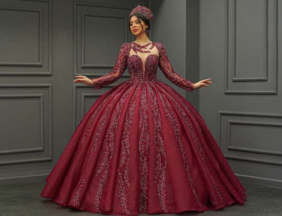 long sleeve burgundy quinceanera dresses Beaded Ballgown, Quinceañera Dress Vanilla (Cream/White) Color 