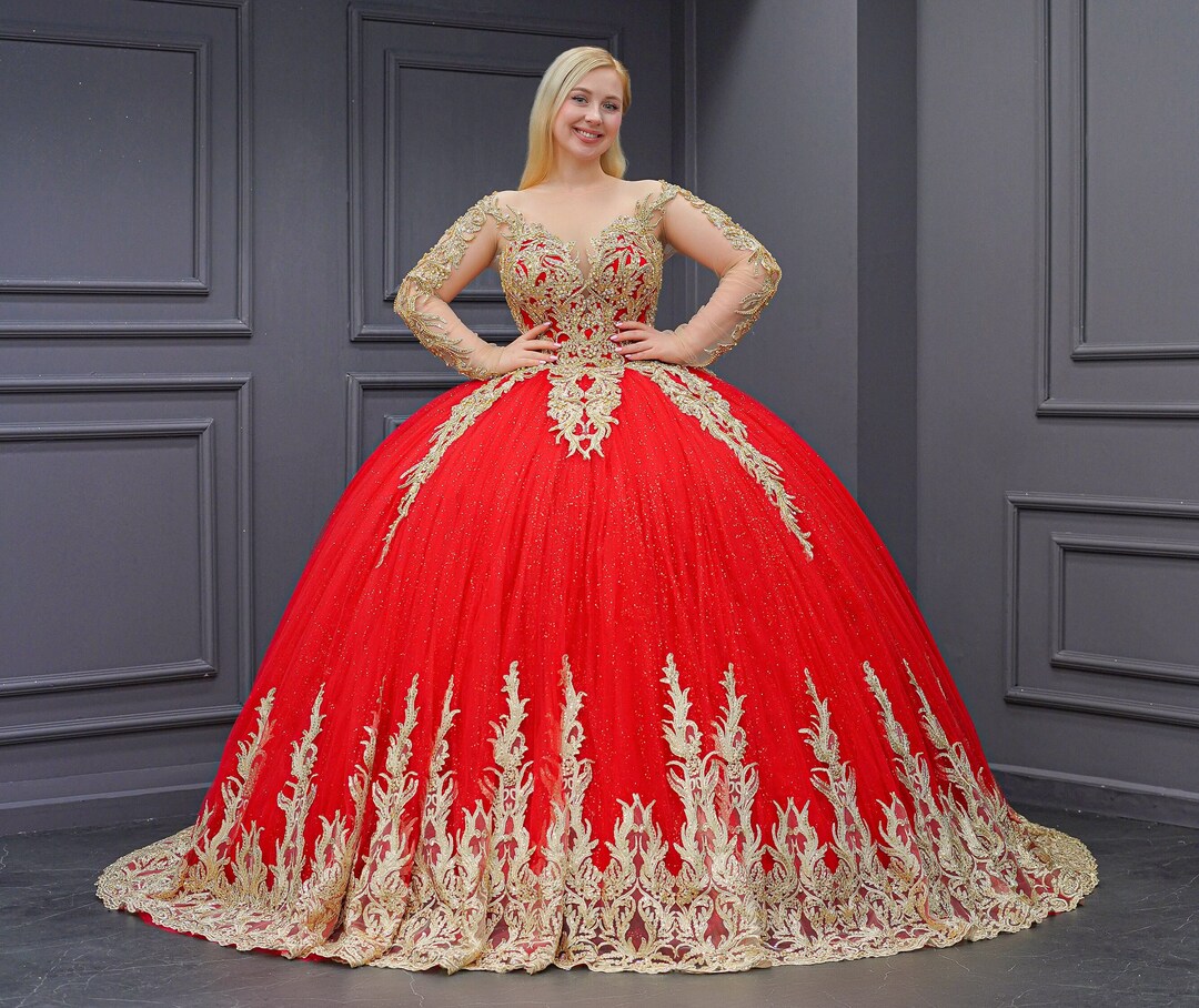 red and gold quinceanera dresses Red and Gold Quinceañera Dress, Custom Wedding Gown