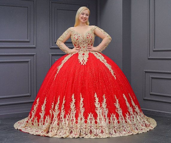 gold and red quinceanera dresses Shiny Gradient Red Gold Ball Gown Quince Dress Sequin Wedding Dress wi –  Viniodress