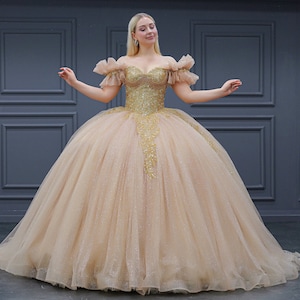 Gold Quinceañera Dress, Puffy Tulle Skirt Ball Gown