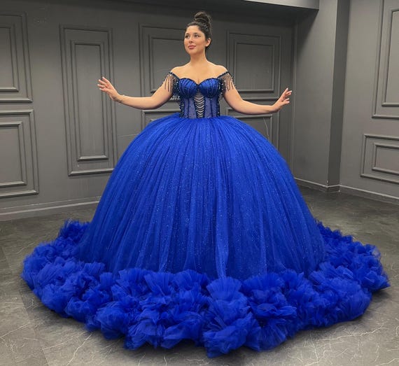 Blue Ruffled Tulle Quinceaera Dress, Beaded Bodice