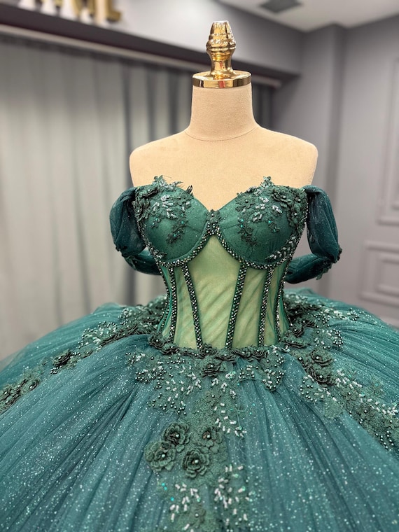 green floral applique dress Sage Green Flower Girl Dress Elegant Floral Applique Off-Shoulder Tulle  Birthday Party Gown J001 main image 0